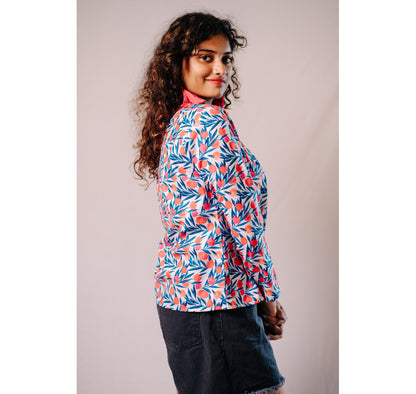Blue half and half plain and red floral full sleeves women's shirt