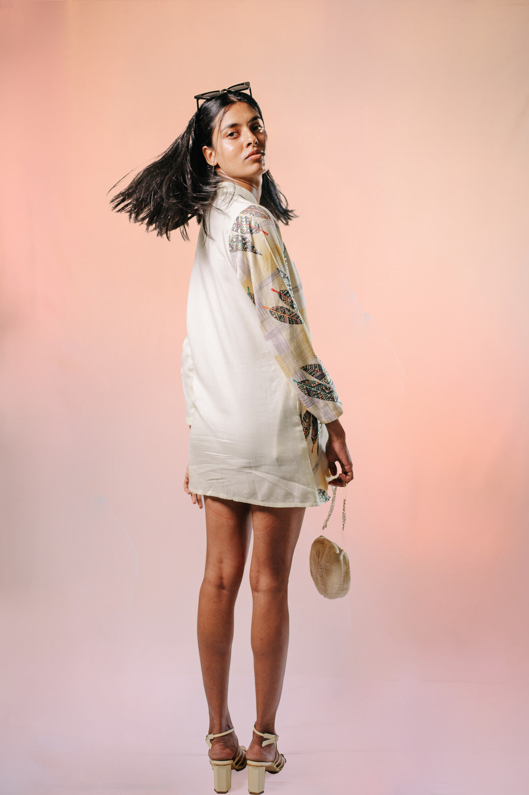 Pastel yellow and yellow big feather printed half and half long sleeve shirt dress