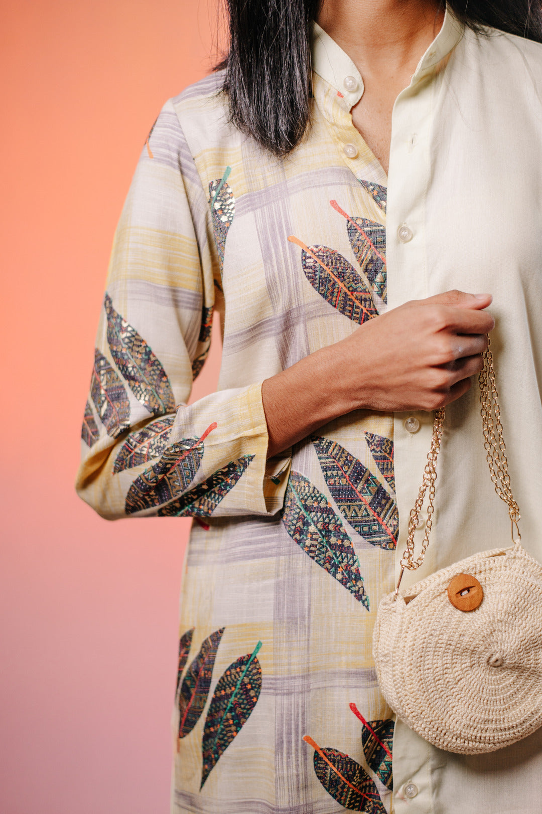 Pastel yellow and yellow big feather printed half and half long sleeve shirt dress