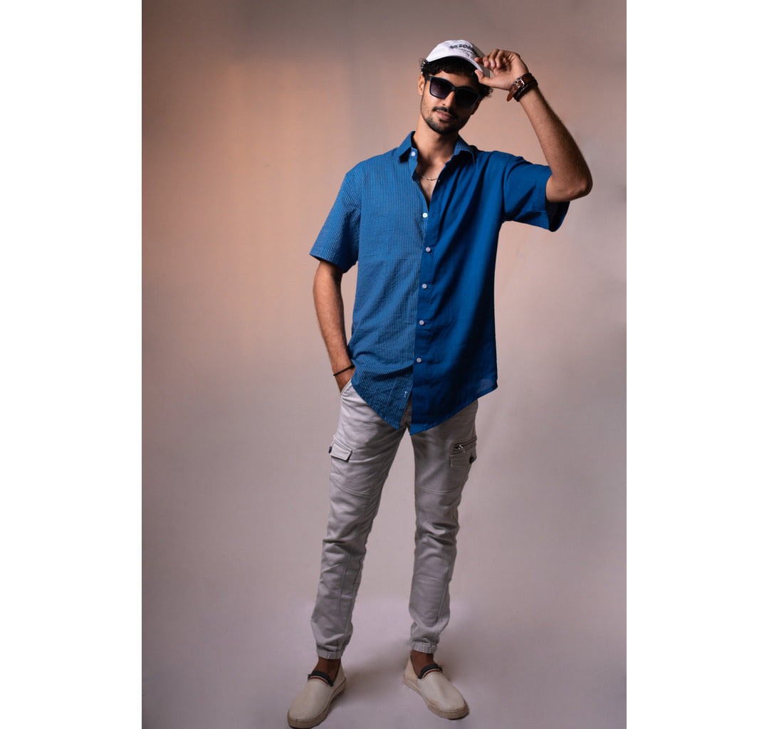 Blue half and half plain and kantha half sleeves shirt