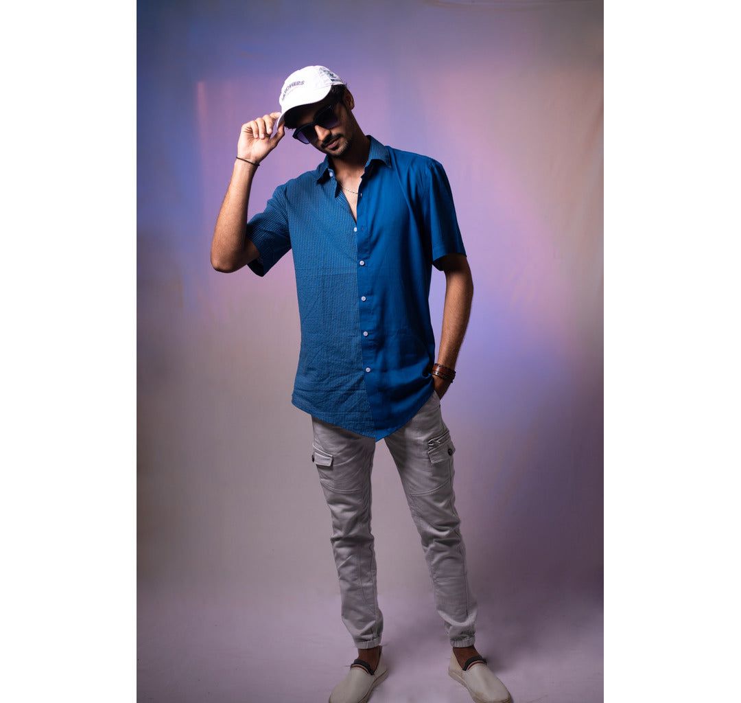Blue half and half plain and kantha half sleeves shirt