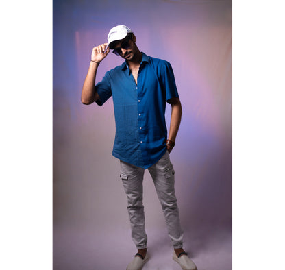 Blue half and half plain and kantha half sleeves shirt