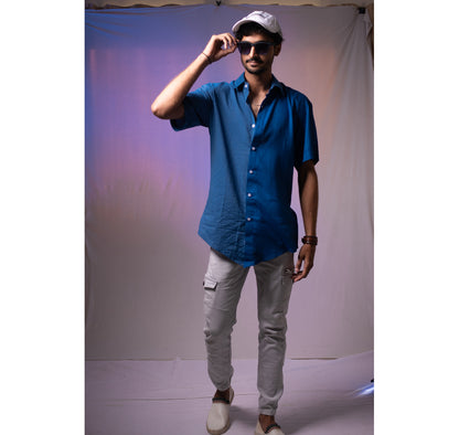 Blue half and half plain and kantha half sleeves shirt