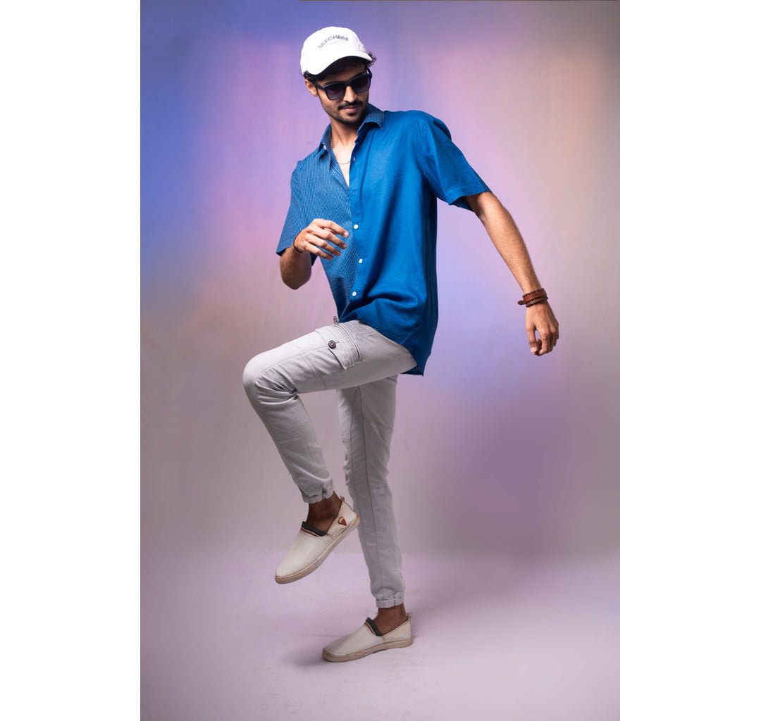 Blue half and half plain and kantha half sleeves shirt