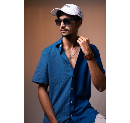 Blue half and half plain and kantha half sleeves shirt