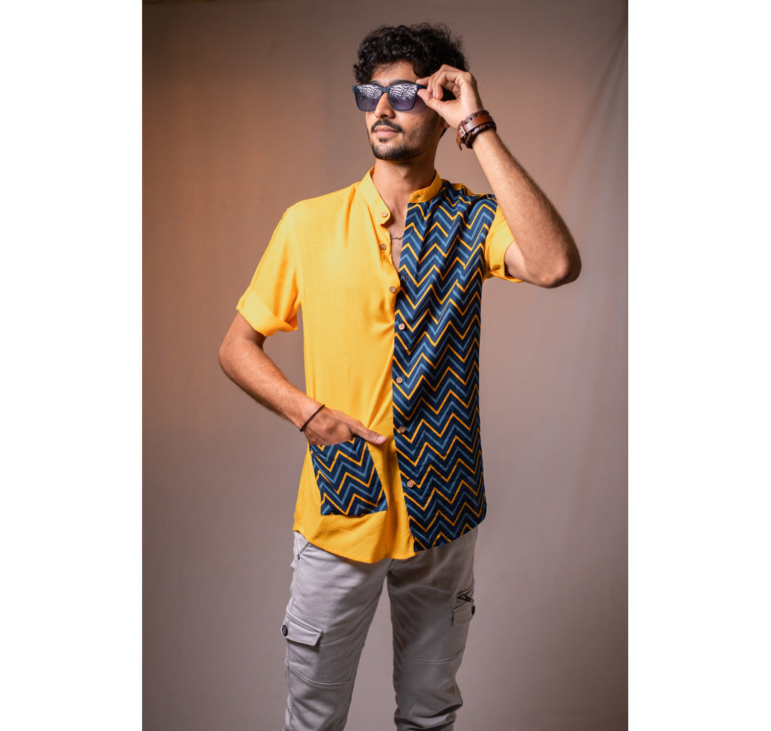 Yellow and blue half and half zig zag print with patch pocket short sleeve shirt