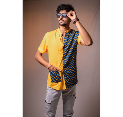 Yellow and blue half and half zig zag print with patch pocket short sleeve shirt