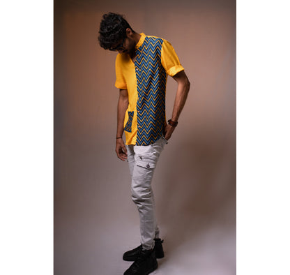 Yellow and blue half and half zig zag print with patch pocket short sleeve shirt