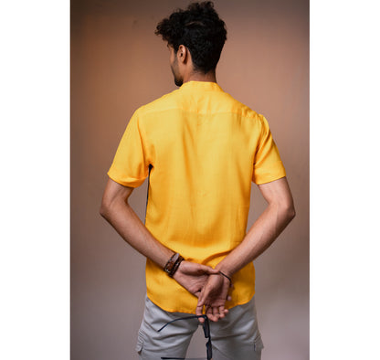 Yellow and blue half and half zig zag print with patch pocket short sleeve shirt