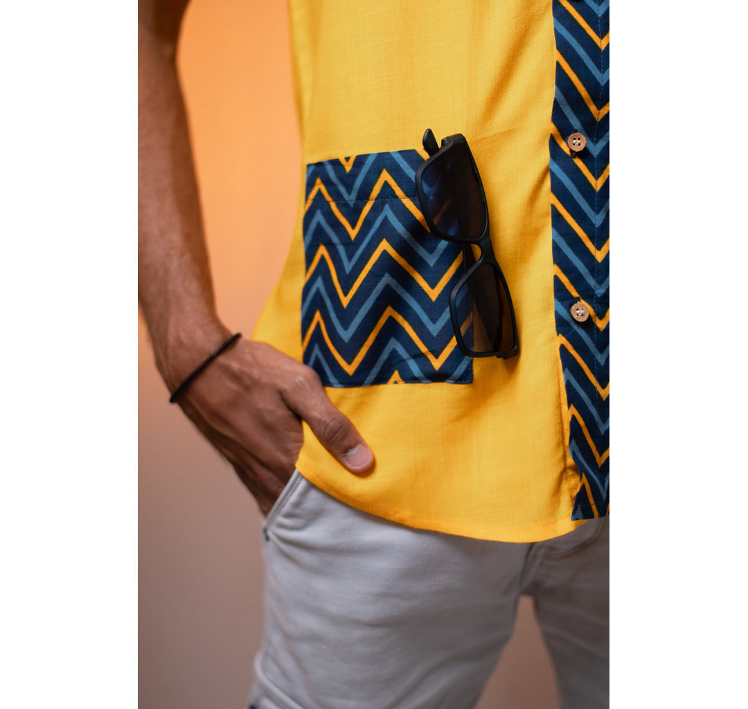 Yellow and blue half and half zig zag print with patch pocket short sleeve shirt