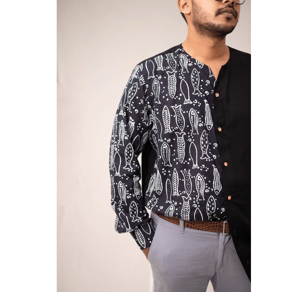 Black half and half fish printed long sleeves shirt