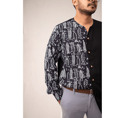 Black half and half fish printed long sleeves shirt