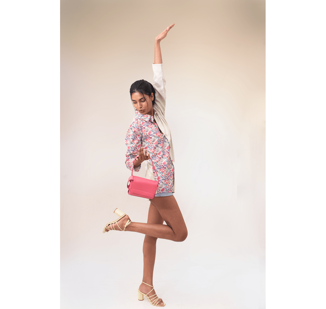 Off white textured half and half asymmetrical pink floral shirt dress