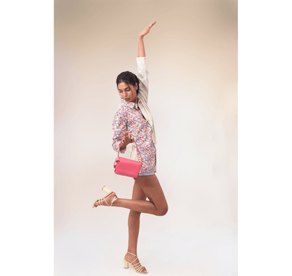 Off white textured half and half asymmetrical pink floral shirt dress