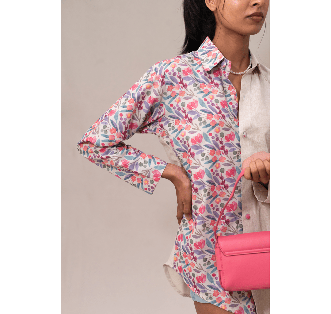 Off white textured half and half asymmetrical pink floral shirt dress