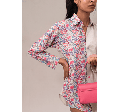 Off white textured half and half asymmetrical pink floral shirt dress
