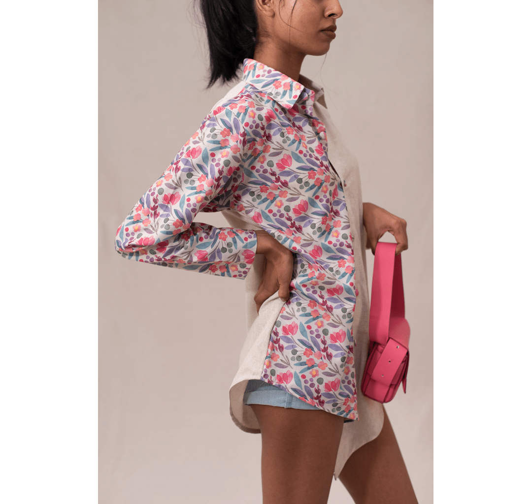 Off white textured half and half asymmetrical pink floral shirt dress