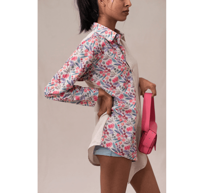 Off white textured half and half asymmetrical pink floral shirt dress
