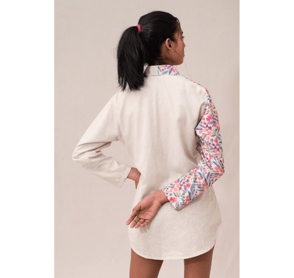 Off white textured half and half asymmetrical pink floral shirt dress