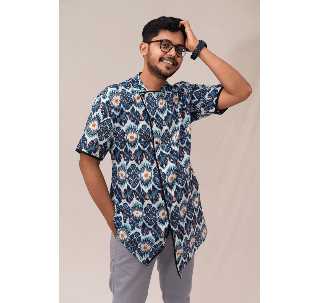Blue all over mixed print Chinese collar short sleeved shirt with black piping