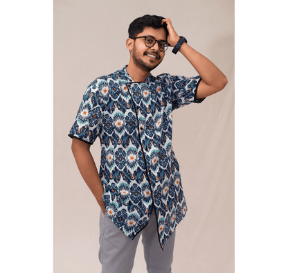 Blue all over mixed print Chinese collar short sleeved shirt with black piping