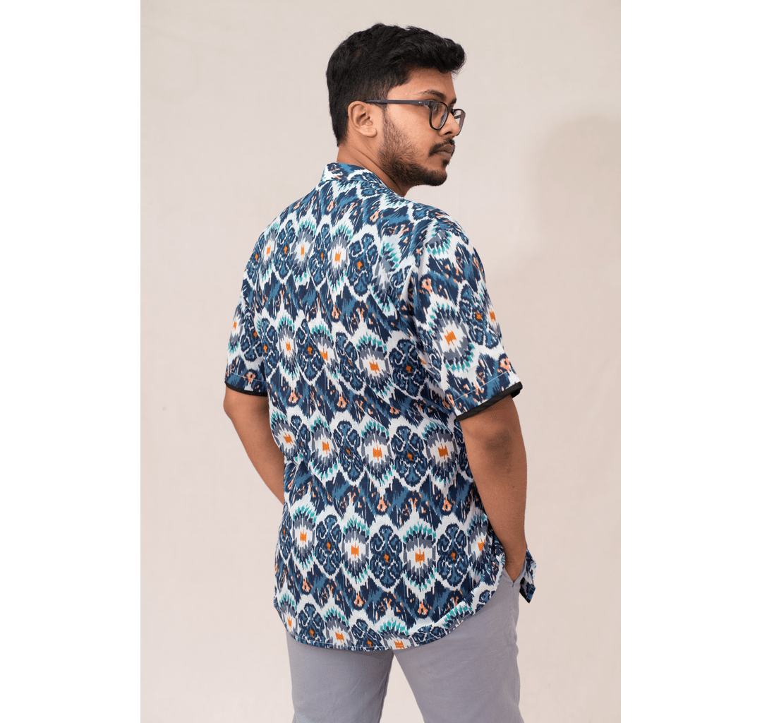 Blue all over mixed print Chinese collar short sleeved shirt with black piping