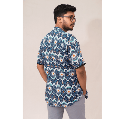 Blue all over mixed print Chinese collar short sleeved shirt with black piping