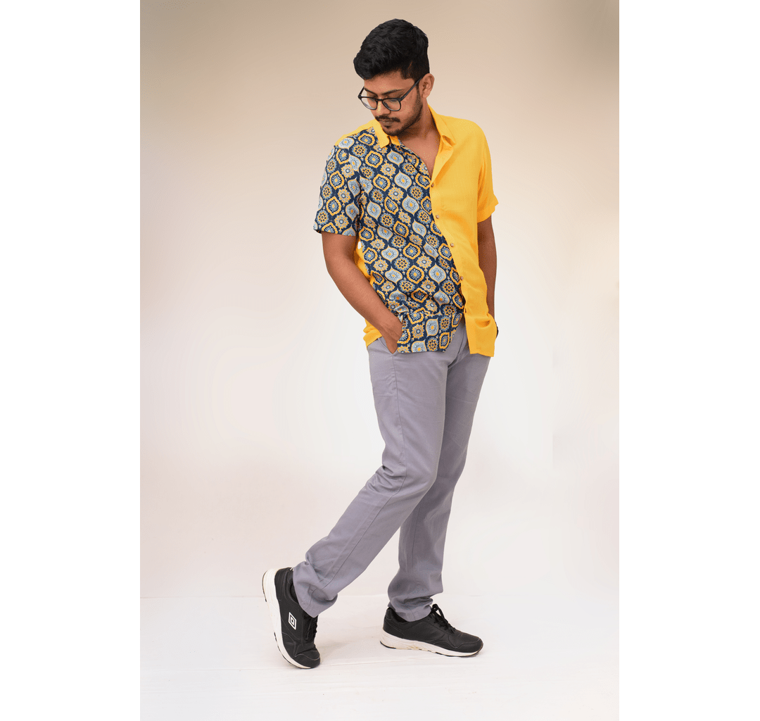 Yellow and blue half and half tiled print short sleeve shirt