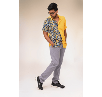 Yellow and blue half and half tiled print short sleeve shirt