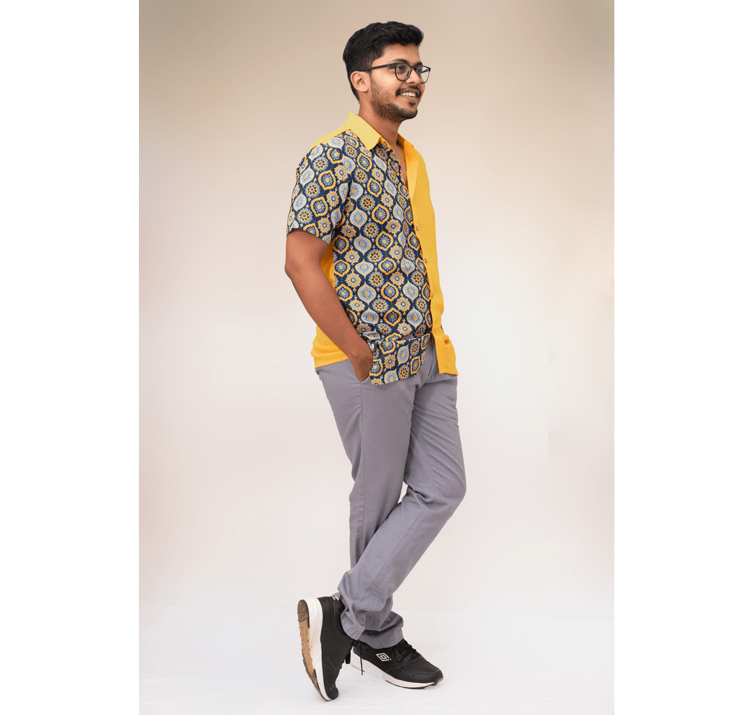 Yellow and blue half and half tiled print short sleeve shirt