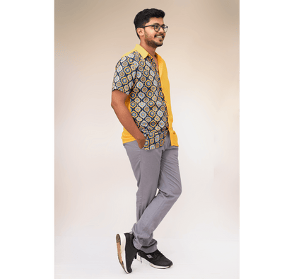 Yellow and blue half and half tiled print short sleeve shirt