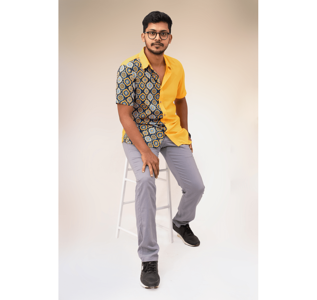 Yellow and blue half and half tiled print short sleeve shirt