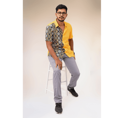 Yellow and blue half and half tiled print short sleeve shirt