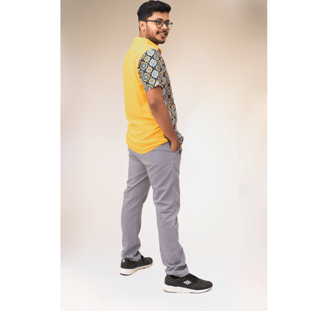 Yellow and blue half and half tiled print short sleeve shirt