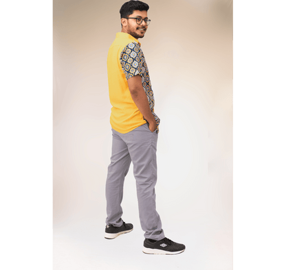Yellow and blue half and half tiled print short sleeve shirt