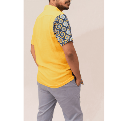 Yellow and blue half and half tiled print short sleeve shirt