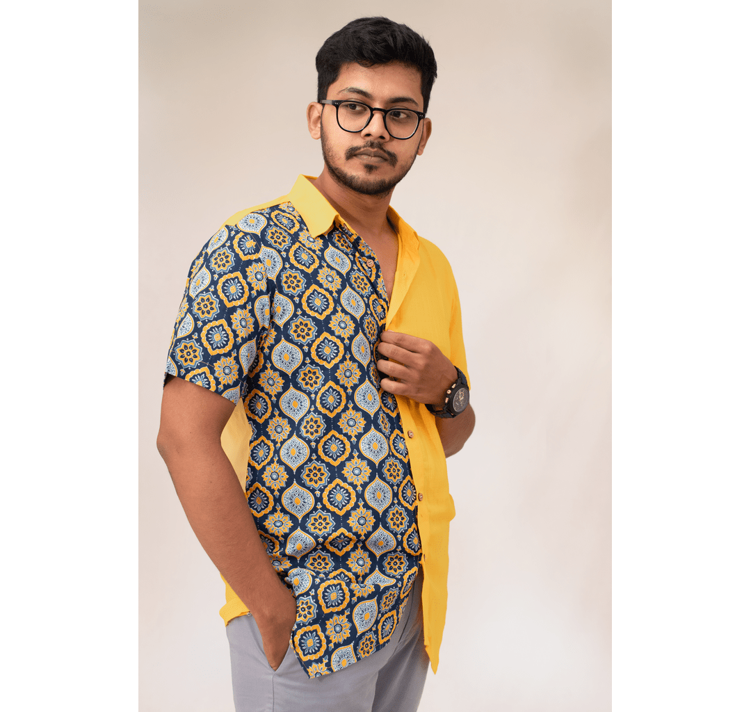 Yellow and blue half and half tiled print short sleeve shirt