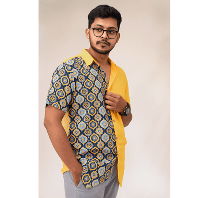 Yellow and blue half and half tiled print short sleeve shirt
