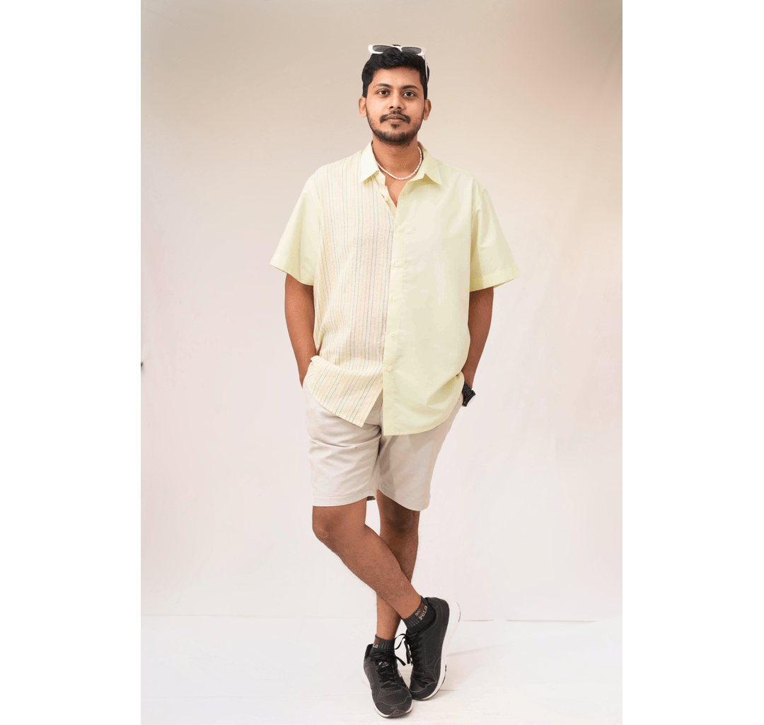 Yellow half and half plain and kantha half sleeves shirt