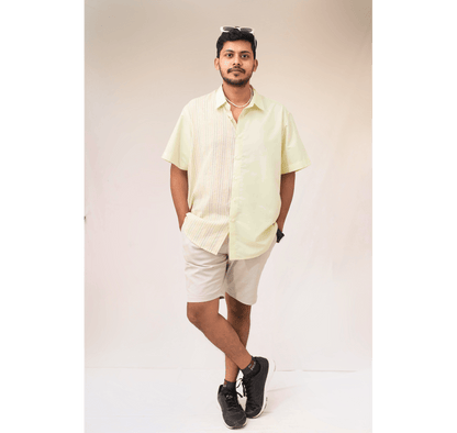 Yellow half and half plain and kantha half sleeves shirt