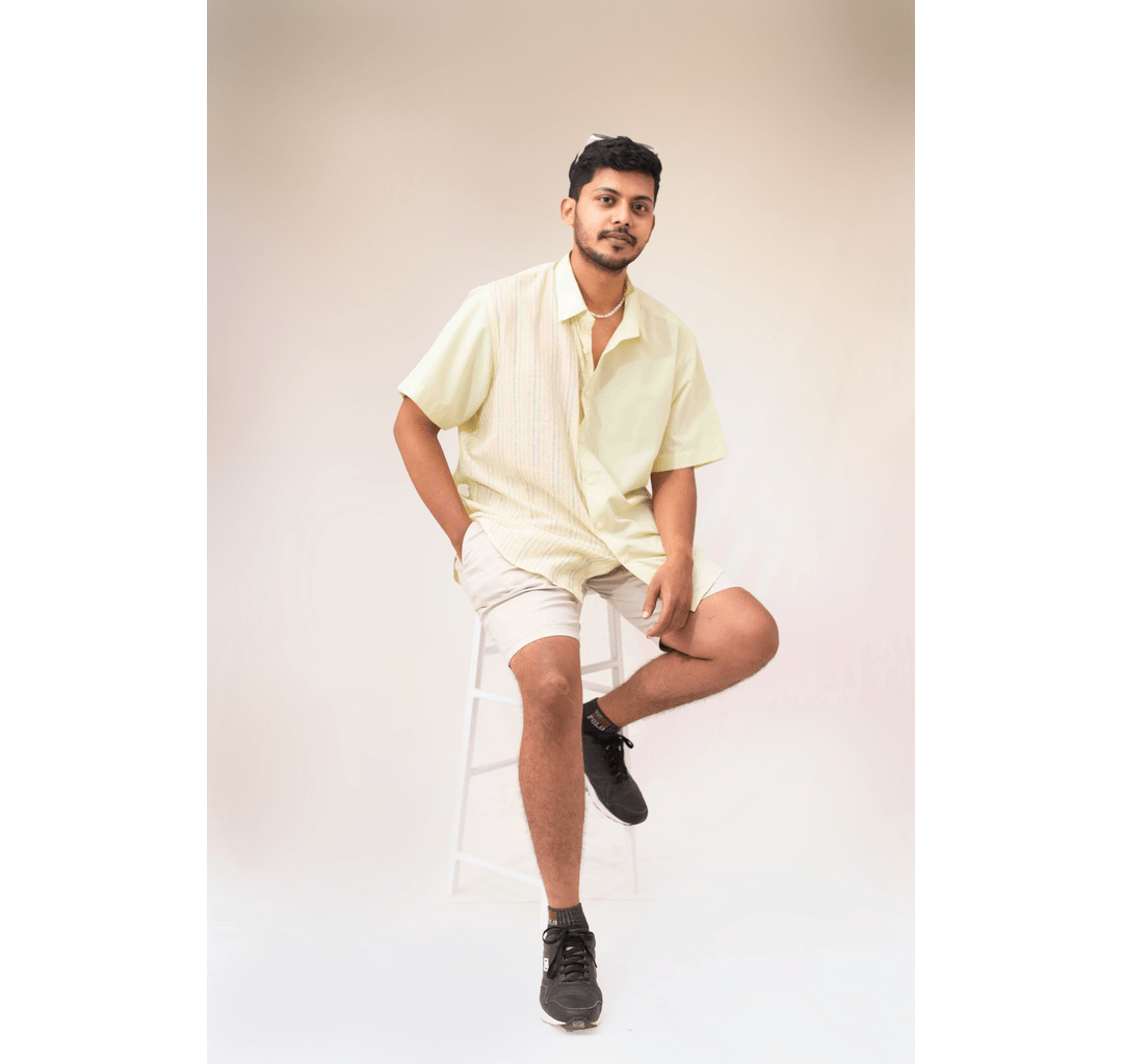 Yellow half and half plain and kantha half sleeves shirt