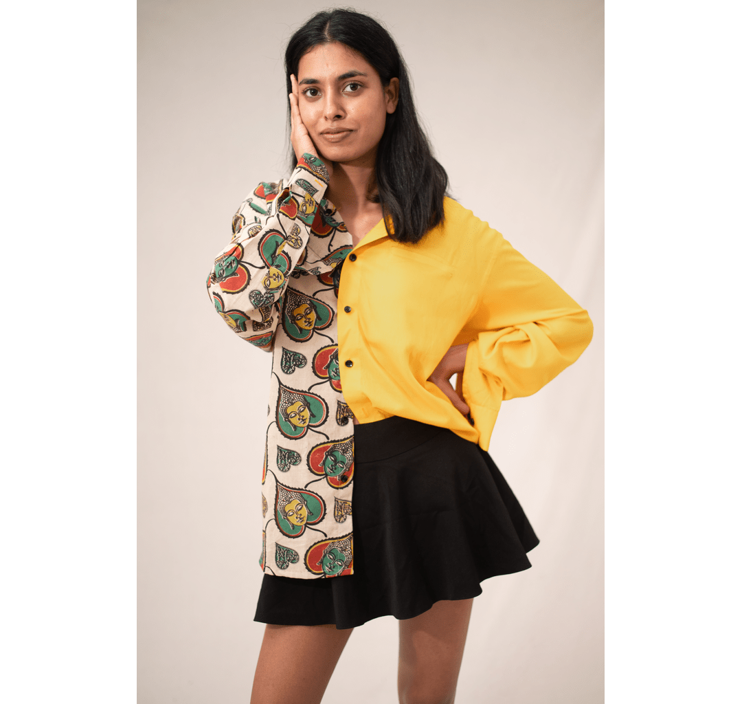 Yellow half and half buddha printed long sleeves shirt