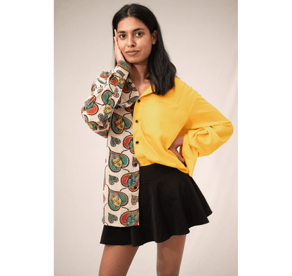 Yellow half and half buddha printed long sleeves shirt