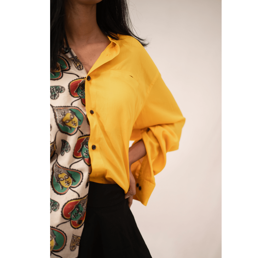 Yellow half and half buddha printed long sleeves shirt