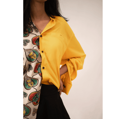 Yellow half and half buddha printed long sleeves shirt