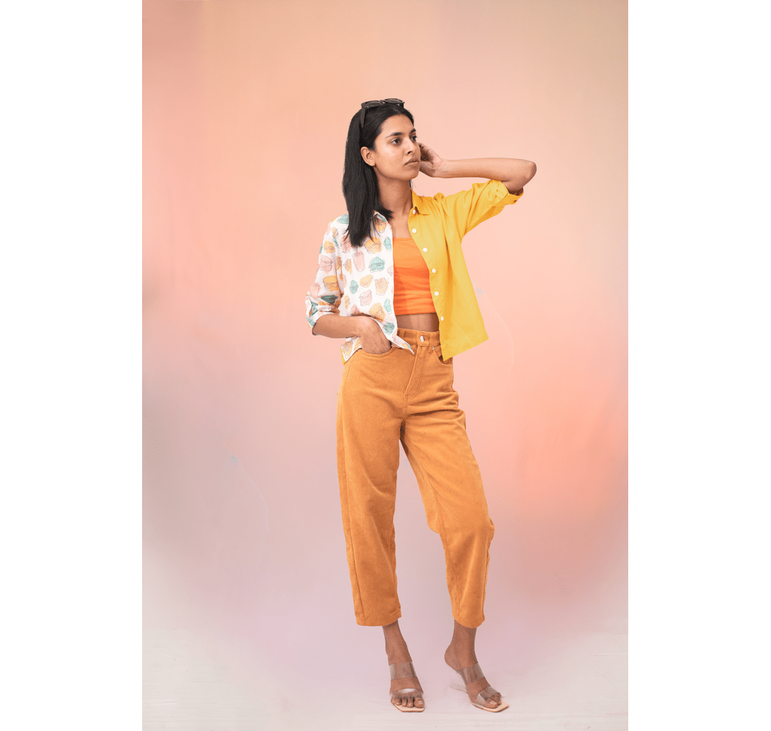 Yellow half and half burger 3/4th sleeves crop top