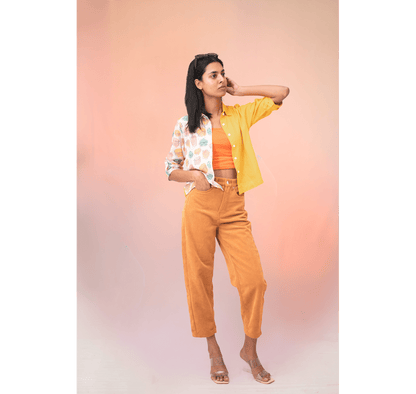 Yellow half and half burger 3/4th sleeves crop top