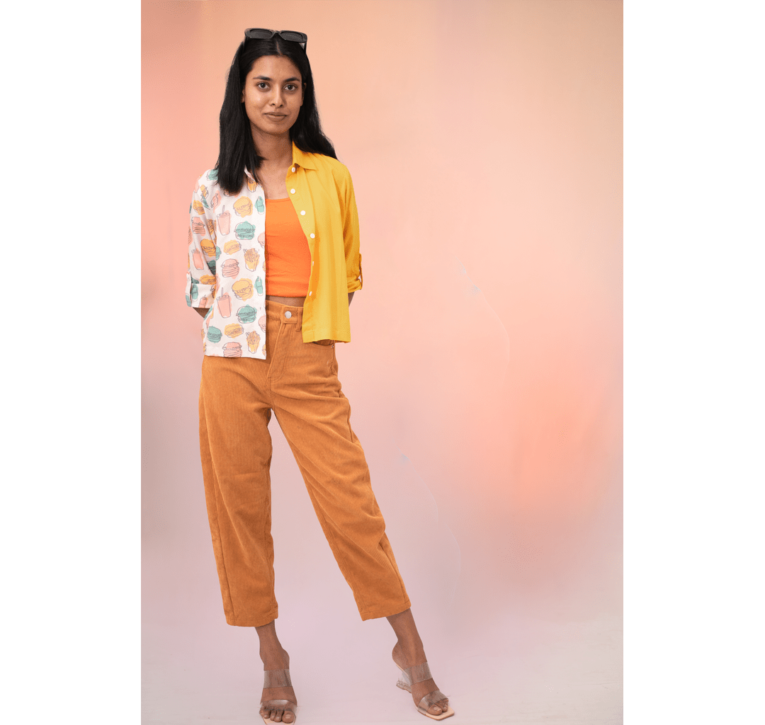 Yellow half and half burger 3/4th sleeves crop top