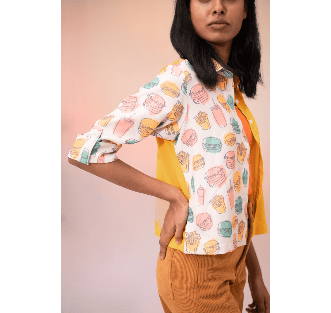 Yellow half and half burger 3/4th sleeves crop top
