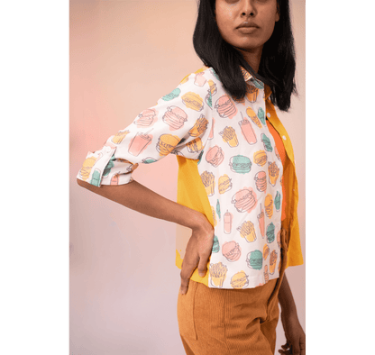 Yellow half and half burger 3/4th sleeves crop top